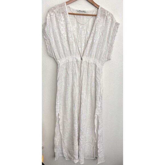 Zara Whimsical White Embroidered V-Neck Lace Cap Sleeves Maxi Dress Cover Up M - Picture 6 of 12